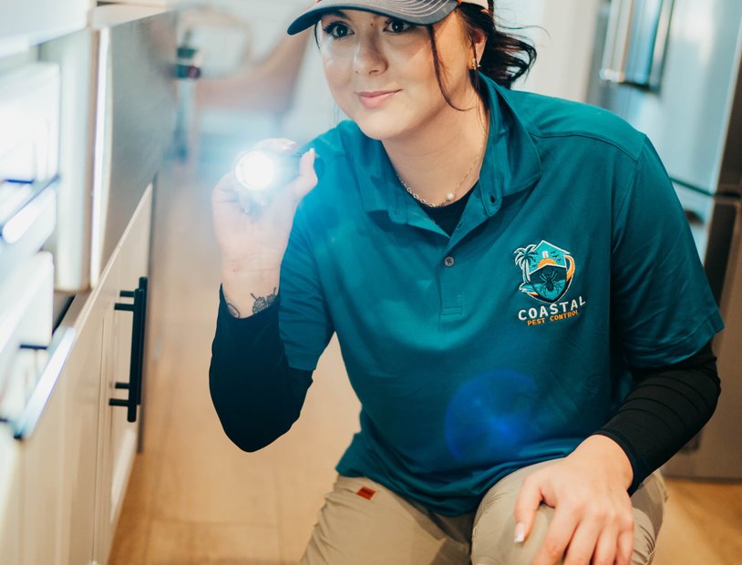 Close-up of pest control technician in white protective suit and blue gloves using precision
          spray wand to treat metal ventilation grate with perforated holes along baseboard