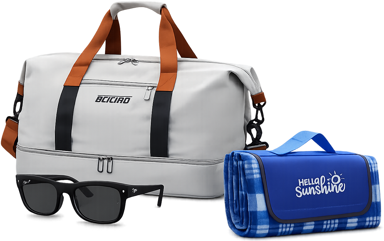 bag, towel, and sunglasses