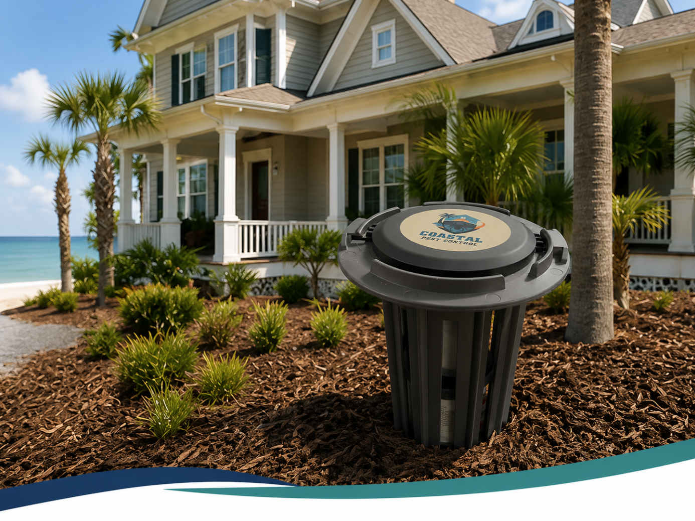 Trelona ATBS termite bait station installed in a mulch bed beside a coastal home