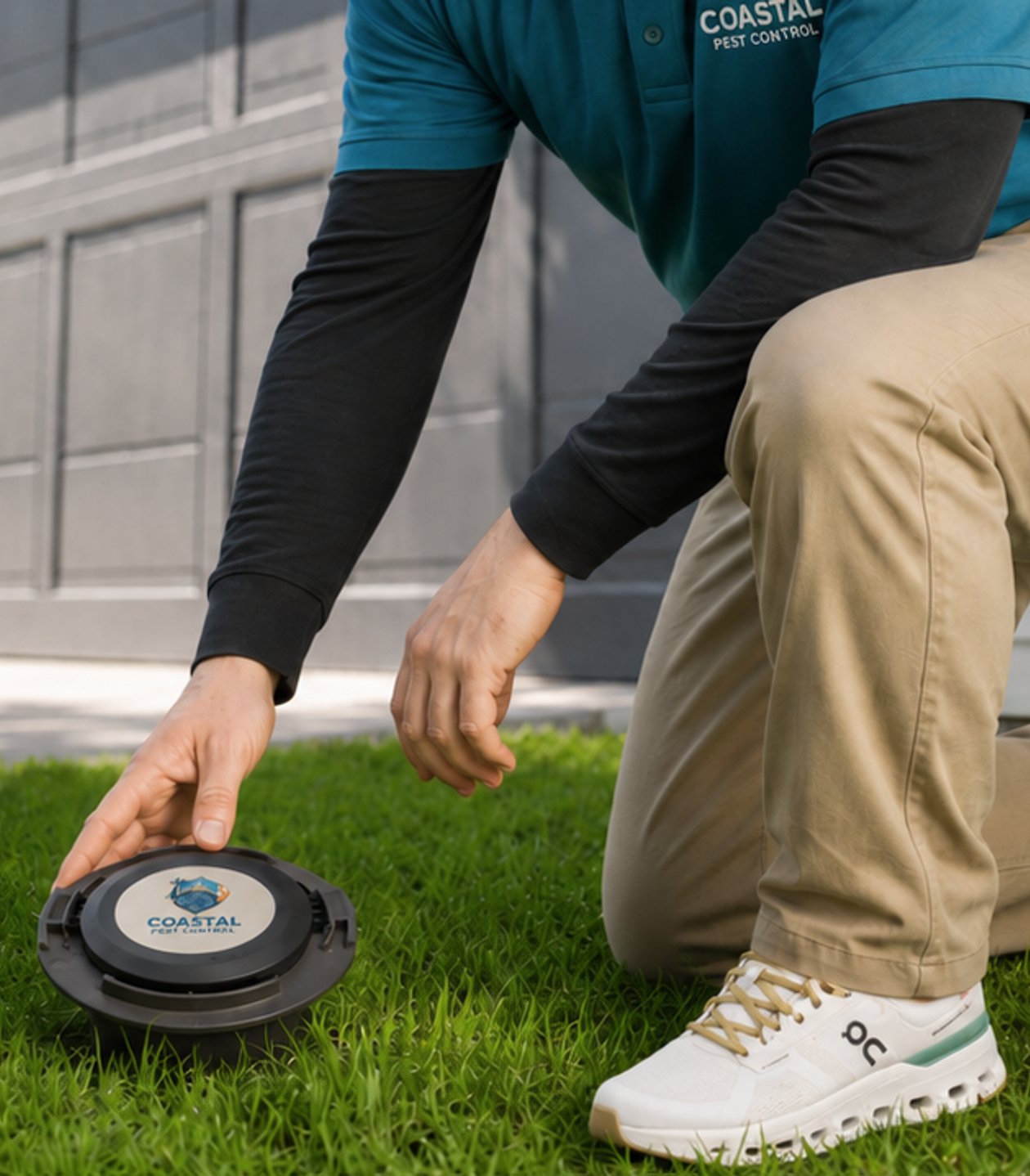 Technician placing a Trelona ATBS termite bait station in the soil beside a home