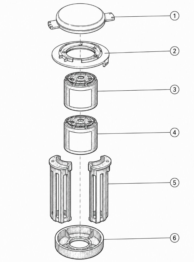 Exploded diagram of a Trelona ATBS bait station showing the lid, collar, two bait cartridges, the vented station body, and the base